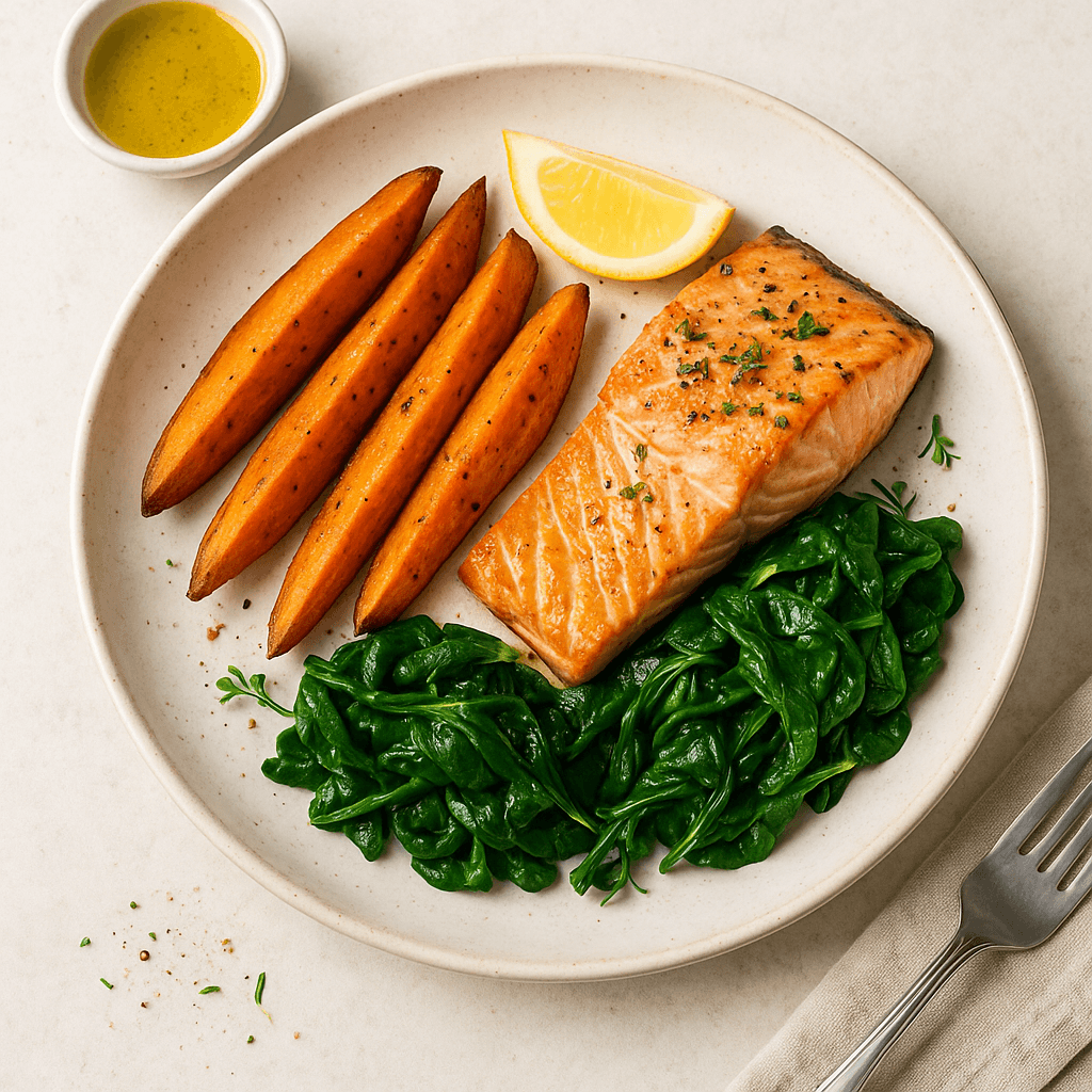 Łosoś pieczony z batatem i szpinakiem