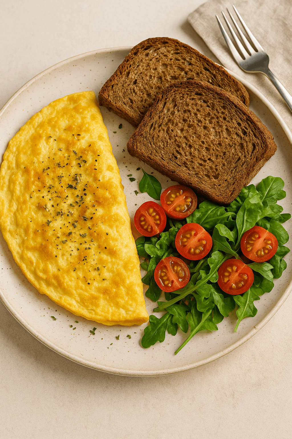 Omlet z 2 jaj z pieczywem pełnoziarnistym i sałatką