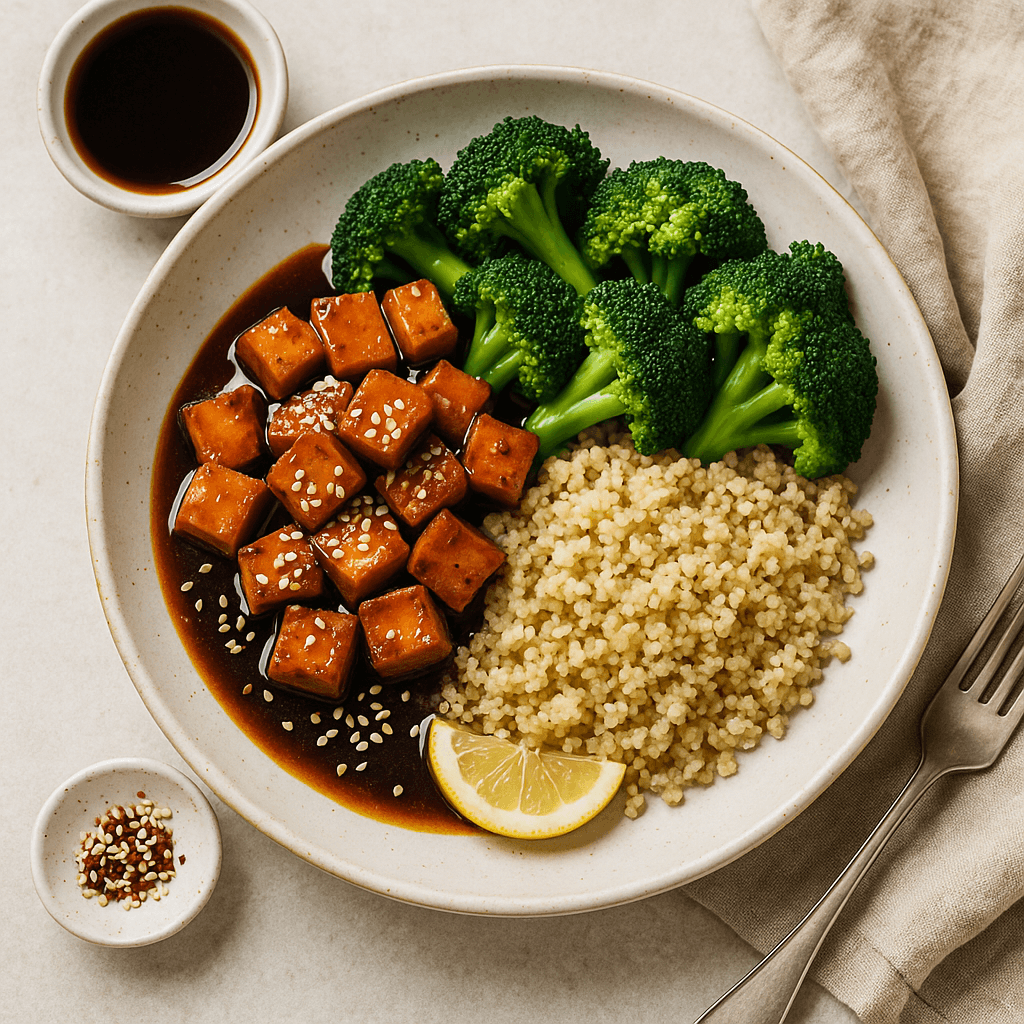 Tofu w sosie sojowo-imbirowym z komosą i brokułami